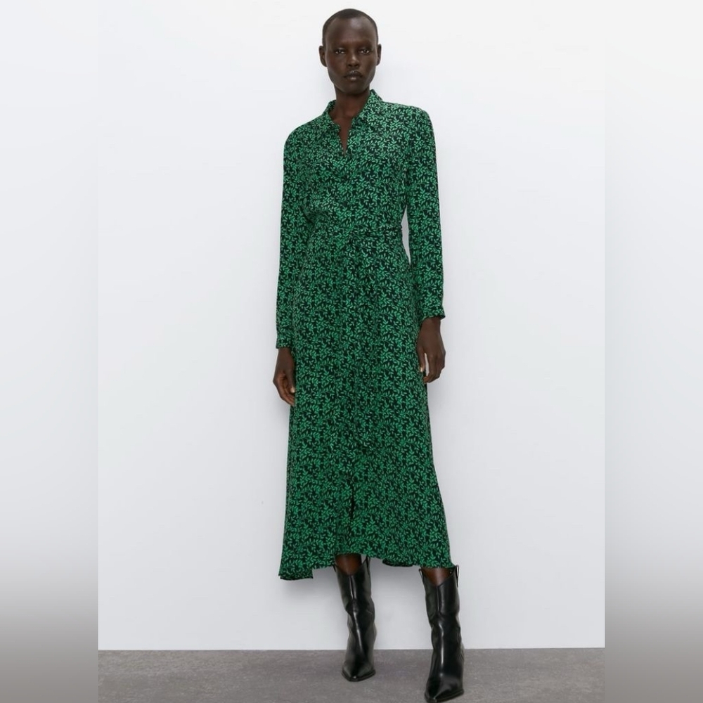 ZARA Green + Black Leaf Print Shirt Dress NWT Size Small